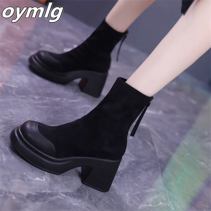 High heeled thick soled short leg boots for women 2024 new winter look slim, high leg elastic slim boots