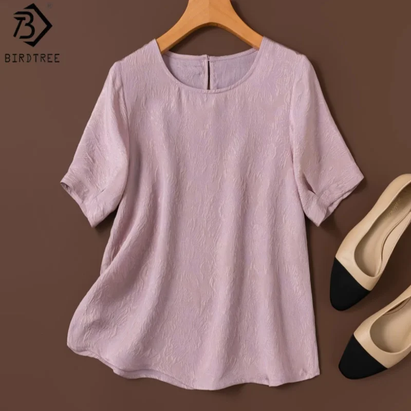 

Birdtree, 100% Real Silk Jacquard Tshirt, Guanle Crepe Short Sleeve Tops, Women's O-neck Shirt, Golden Thread, 2026 New T63444JF