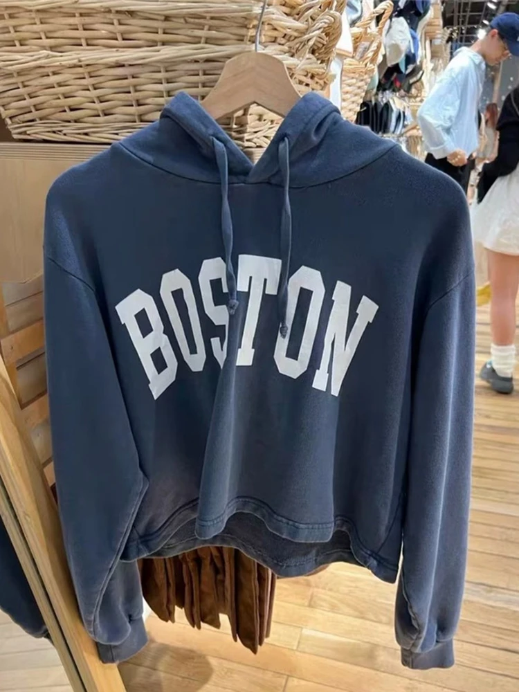 Casual Women Long Sleeve Letter Printing Sweatshirts 2023 Autumn Fashion Navy Hooded Tops Chic Female Loose Pullover