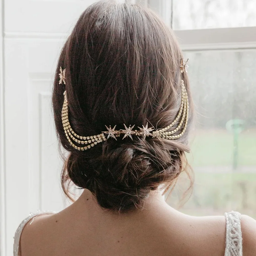 Stonefans Luxury Star Hair Comb Rhineestone Chain Jewelry for Women Vintage Bridal Tiara Multilayer Hair Chain Wedding Headpiece