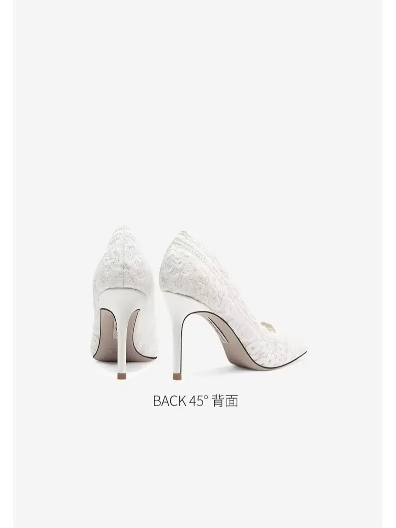 Spring and summer new pointed shallow mouth white lace mesh wedding shoes banquet large size small size high heels women's shoes