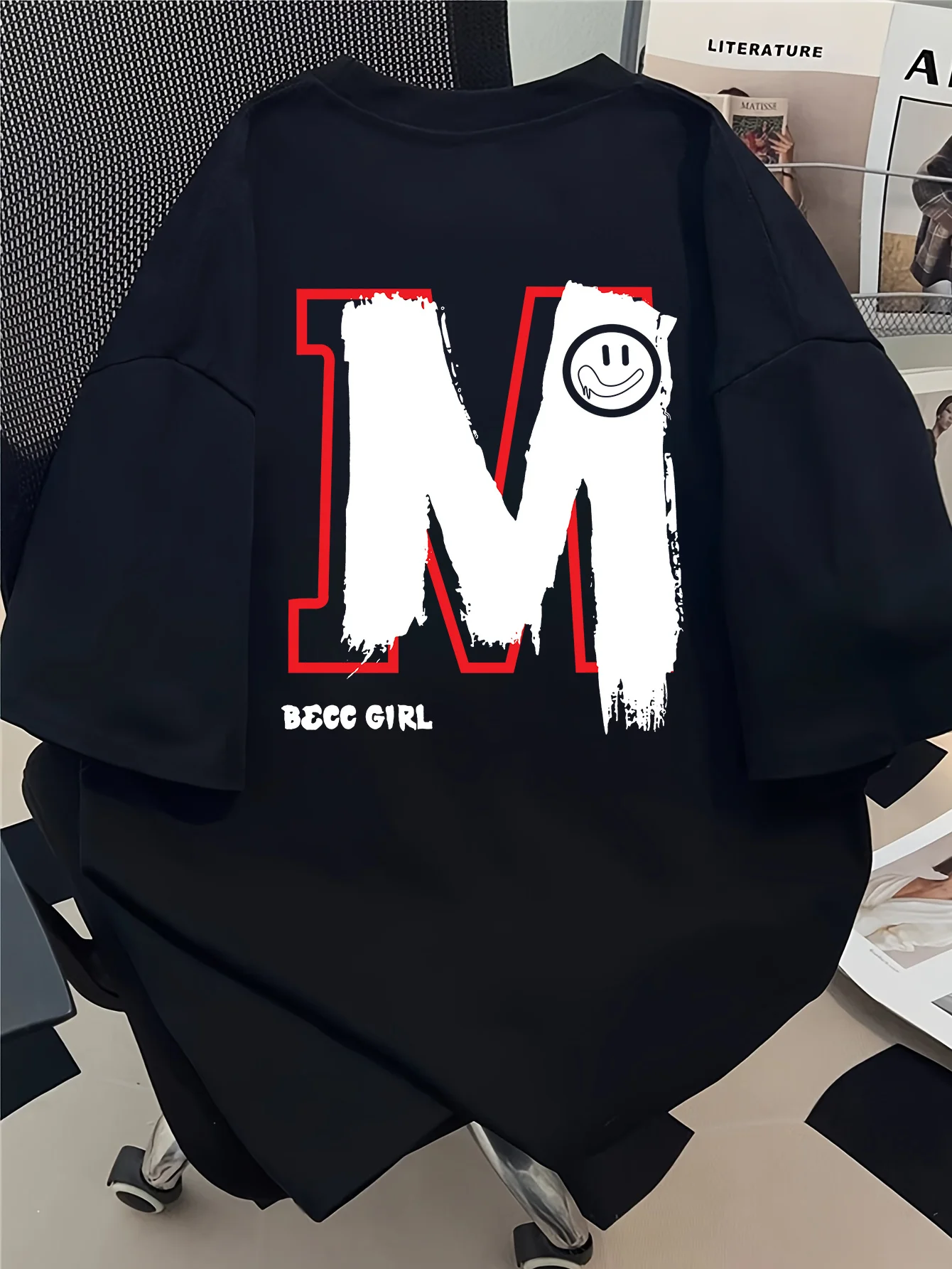 Women Tee  Oversized M Letter Smile Face Becc Girl Graphic Print Round Neck Short Sleeve Soft Ladies Casual Shirt