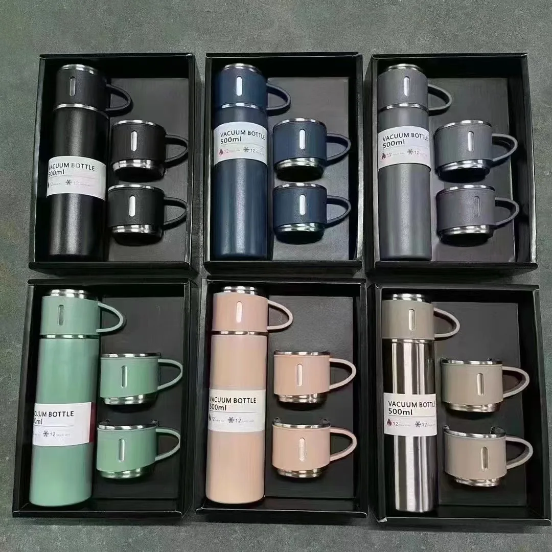 

New three-lid insulated water bottle set for outdoor and home use, high-end portable water bottle.