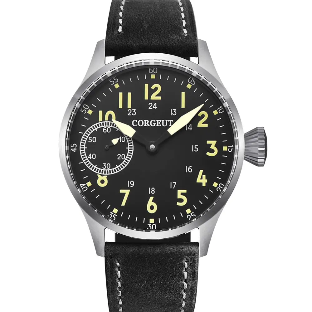 

44mm Corgeut Mechanical Watch for Men Hand Winding Movement Asia 6497 ST3600 Leather Strap Sapphire Crystal Luminous Dial Hands