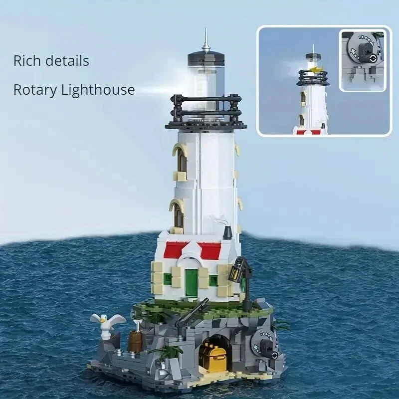 1092PCS Sea Island Electric Lighthouse Building Blocks Fisherman\'s Hut Light House Assembly Model Idea Decoration Kids Toys Gift