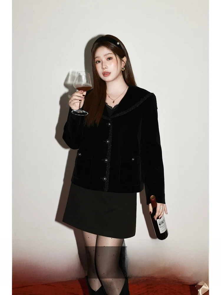 Chaqueta de terciopelo talla grande con cuello azul marino de Da Wan Sauce para hermanas con curvas, nueva colección de invierno, estilo coreano, ropa exterior.