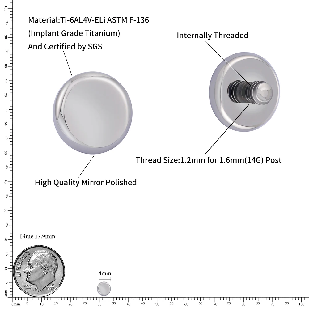 5pcs/lot Right Grand ASTM F136 Titanium 14G Internally Threaded Flat 4mm Disc Dermal Anchor Top