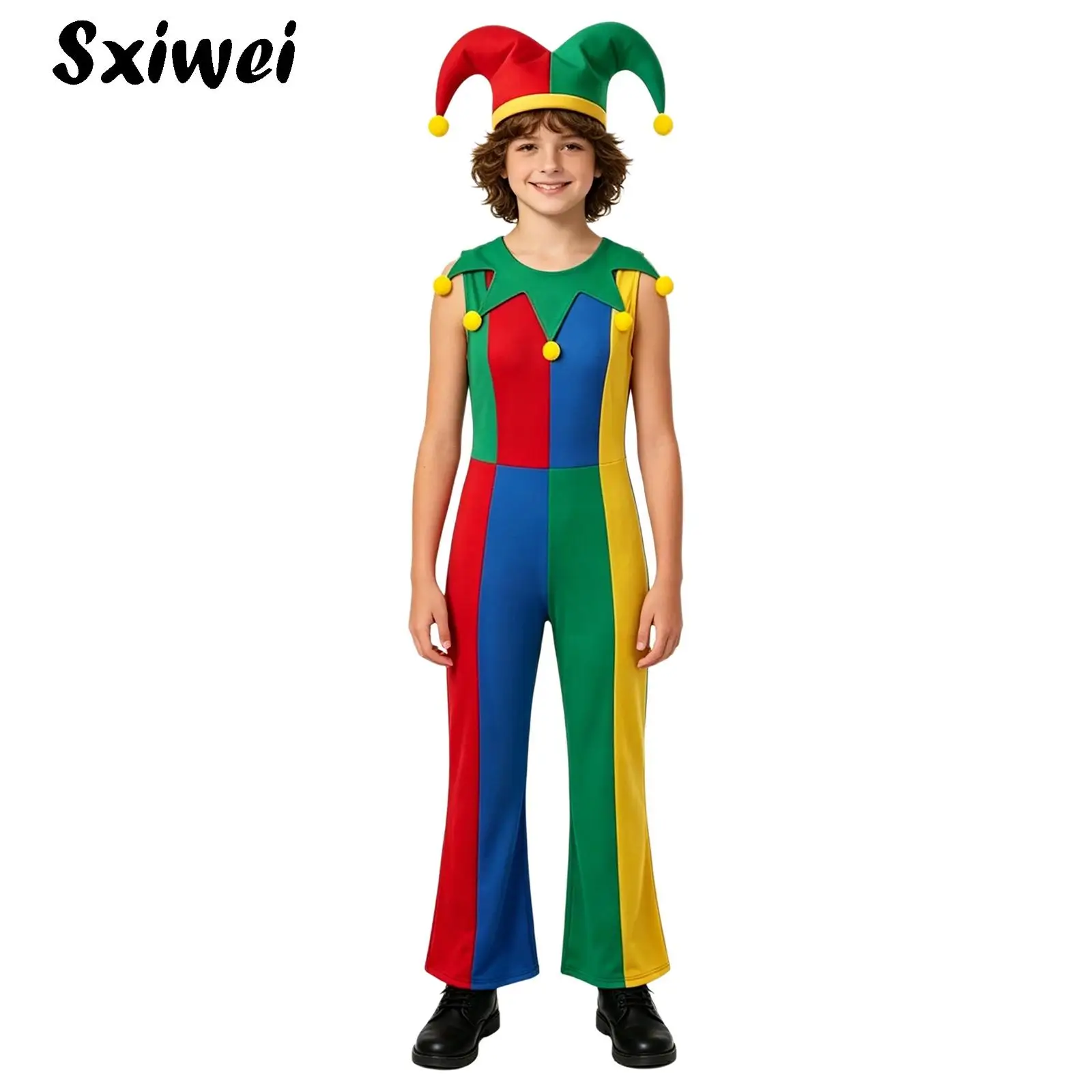 Funny Circus Color Block Jumpsuit for Girls Clown Costume Halloween Kids Carnivals Sleeveless Flare Striped Bodysuit +Clown Hat