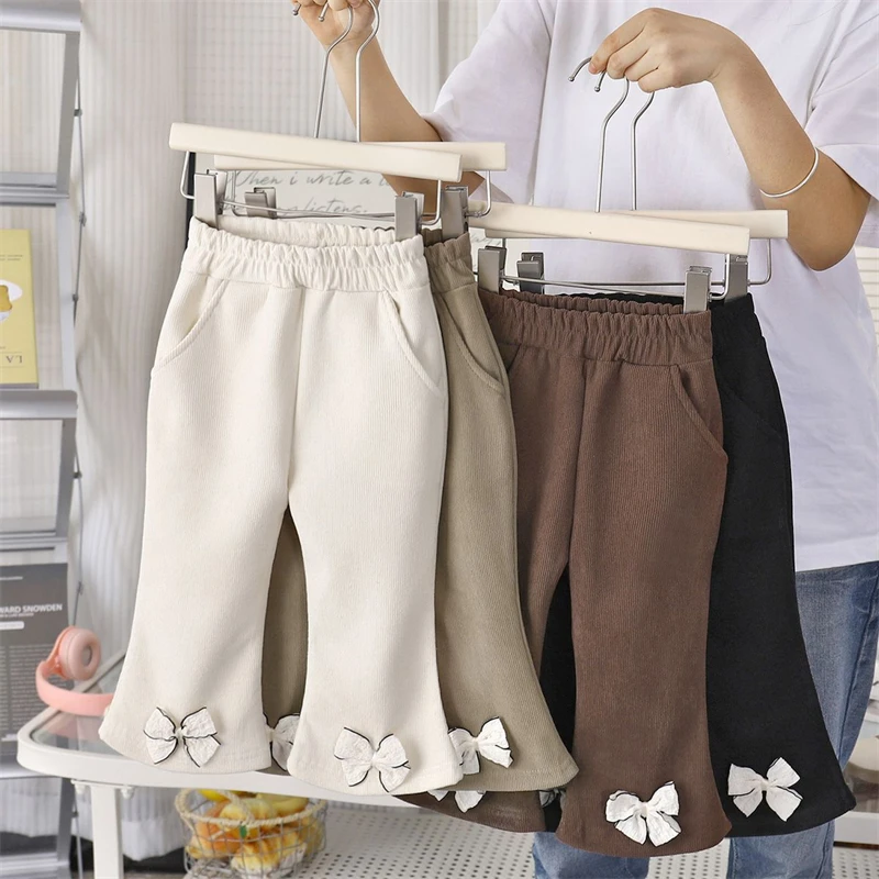 Autumn Kids Girls Flared Pants Cute Corduroy Bow Decoration Solid Color Casual Bell‑Bottom Trousers For Little Girls