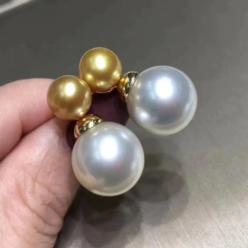 Elegant Pair of South Sea 8-9mm 10-11mm Gold White Pearl Dangle Earring 925s