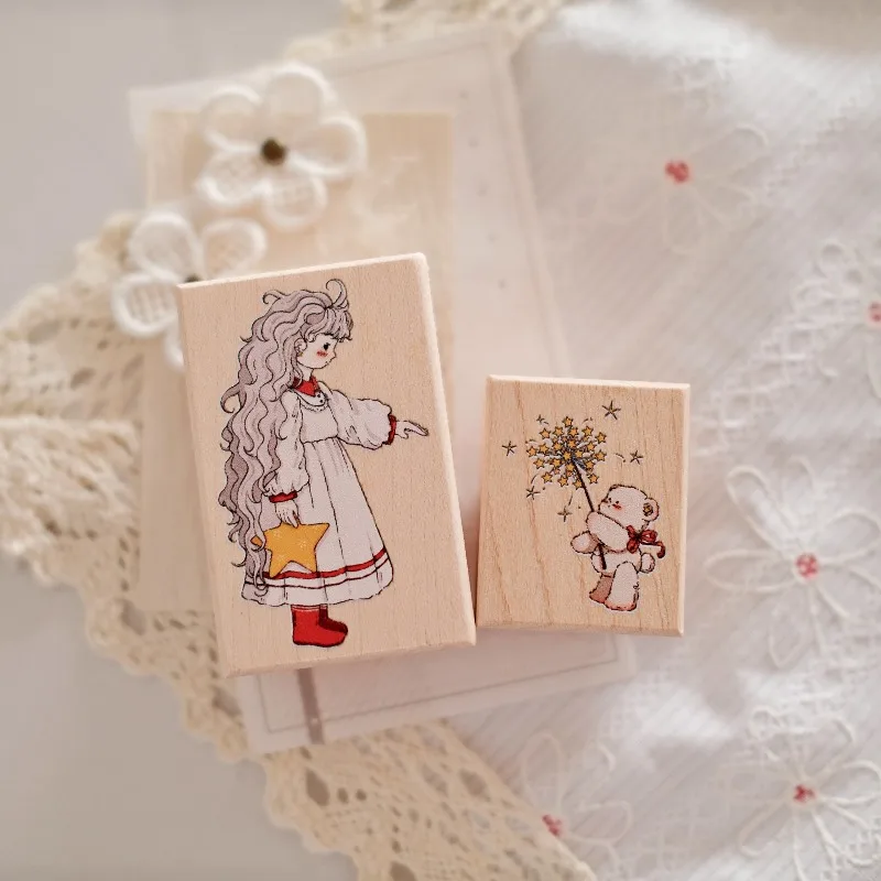 

Vintage Wishing Star Girl And Lovely Bear Wooden Rubber Stamp Set DIY Scrapbooking Photo Album Card Making Wood Seal
