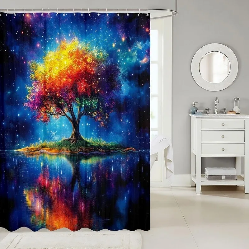 Dreamy Starry Sky Seven Color Tree of Life Lake Reflection Shower Curtain Bathroom Decor No Drilling Hooks 12 Hooks
