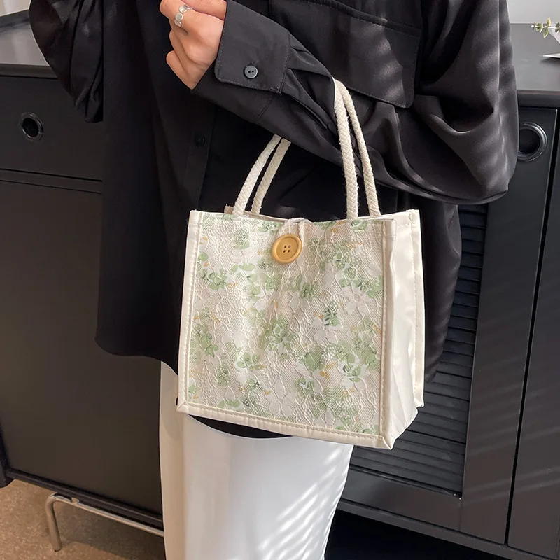 Green Floral Lace Tote Bag, Reusable Canvas Handbag with Wooden Button Closure for Shopping Bags, Work Commuter Daily Use