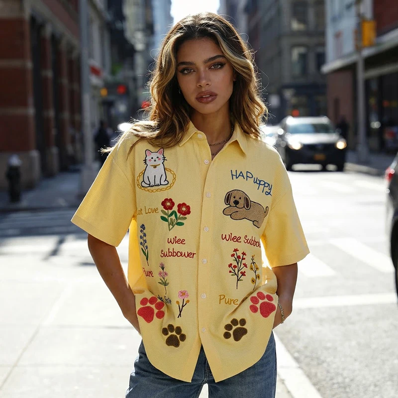 

Kawaii Animal Embroidered Waffle Knit Shirt Men Women Harajuku Streetwear Short Sleeve Button Up Unisex Oversized Top Pink White