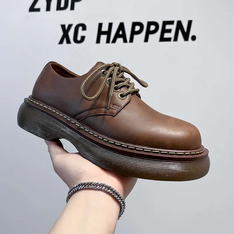 

High Street Vintage Brown Big Toe Leather Casual Shoes Men Women Streetwear Fashion Hip Hop Casual Platform Derby Shoes 36-46