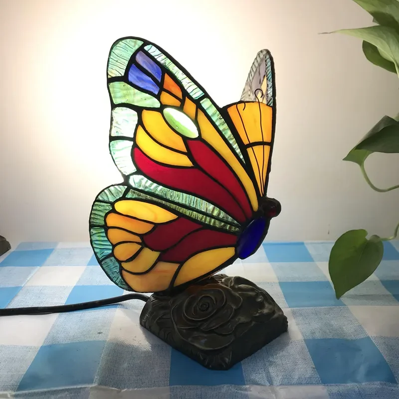 Stained Glass Butterfly Lamps With US/EU/UK/AU Plug In E27 LED Bedroom Bedside Light for Table Night Fixtures