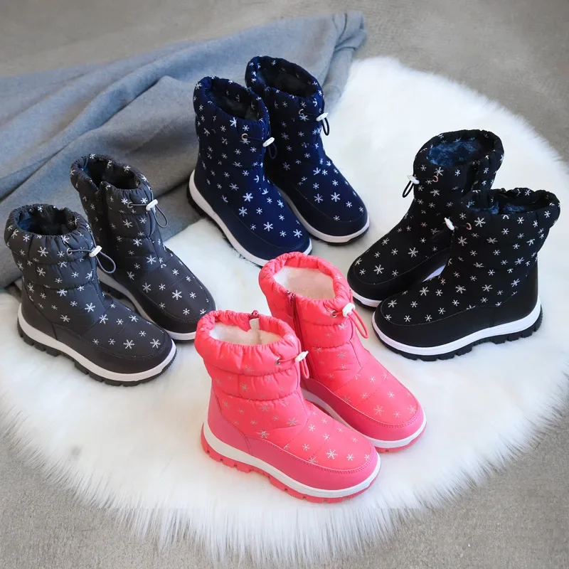 Children Winter Warm Cotton Boots Kids High Top Hook and Loop Fuzzy Padded Shoes Soft Comfort Anti-skid Waterproof Snow Shoes