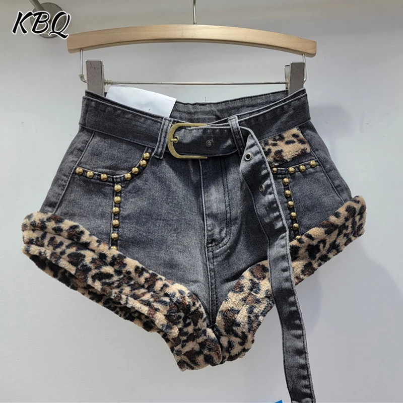 KBQ Leopard Printting Streetwear Denim Short Pants For Women High Waist Spliced Pockets Sexy Slimming Short Pants Female Fashion