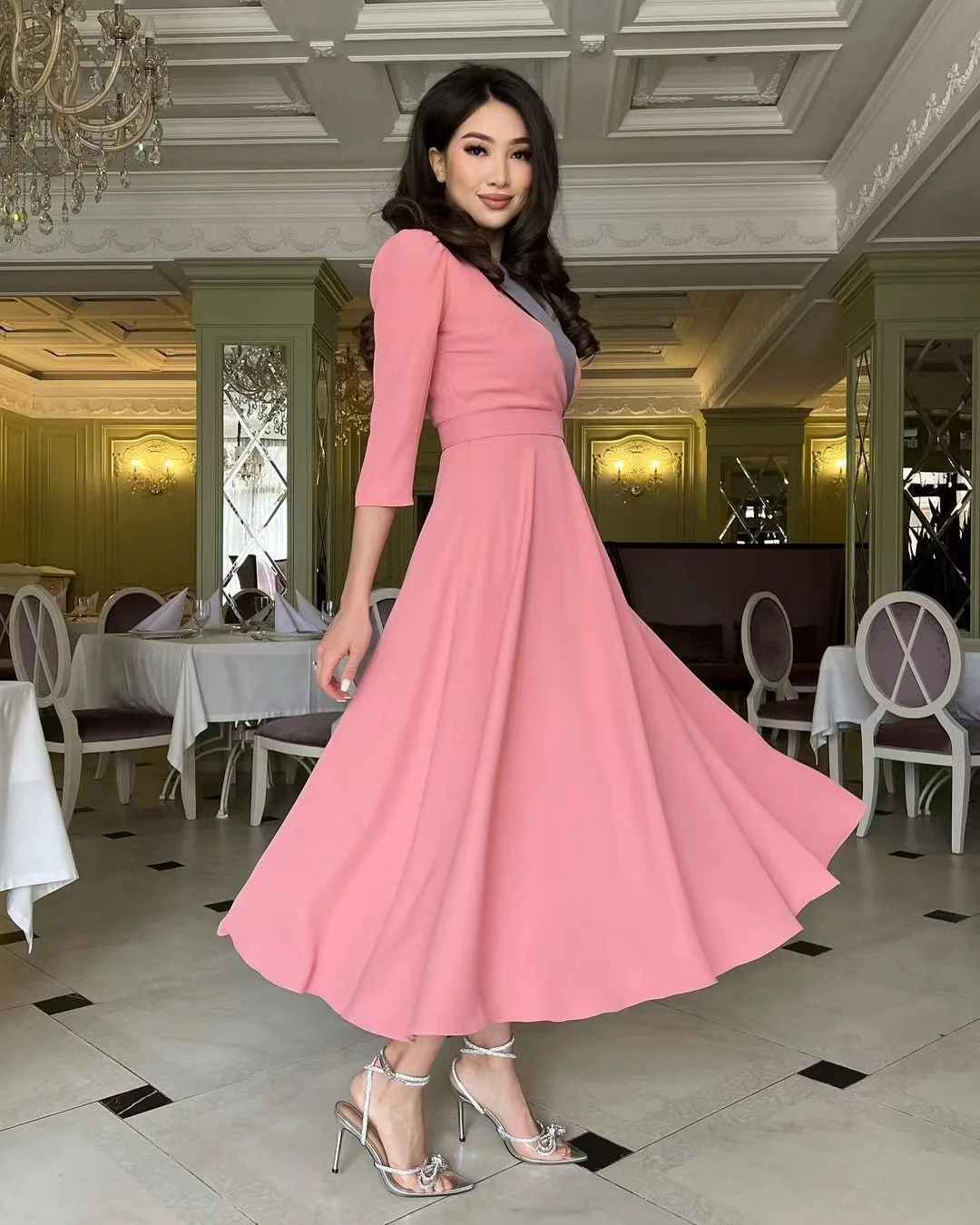 

AsaNagi Pink Chiffon Dresses A Line Tea-length Three Quarter Elegant Prom Dress Saudi Arabic Women Formal Party Gowns 2023