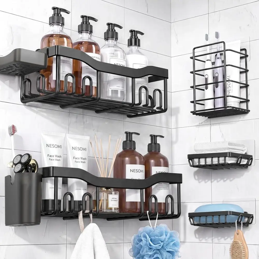 7-Pack Shower Caddy Adhesive, Stainless Steel Shower Organizer Shel with Soap Dish Toothbrush Holder, Large Capacity, No-Drill R