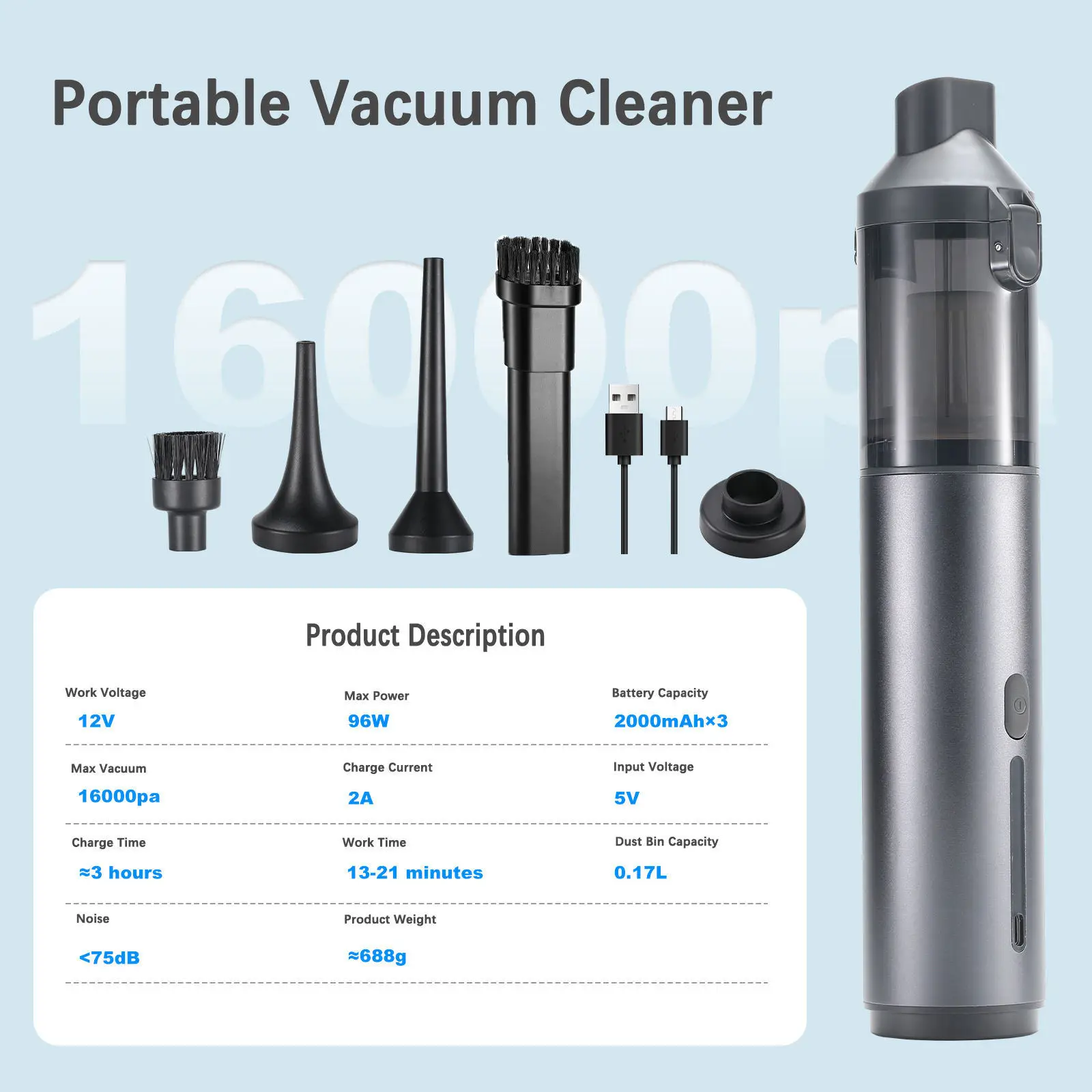 High-Power Lightweight Cordless USB Bagless Vacuum Cleaner With Home & Car Dual Use ABS Material 12V Recharger Included