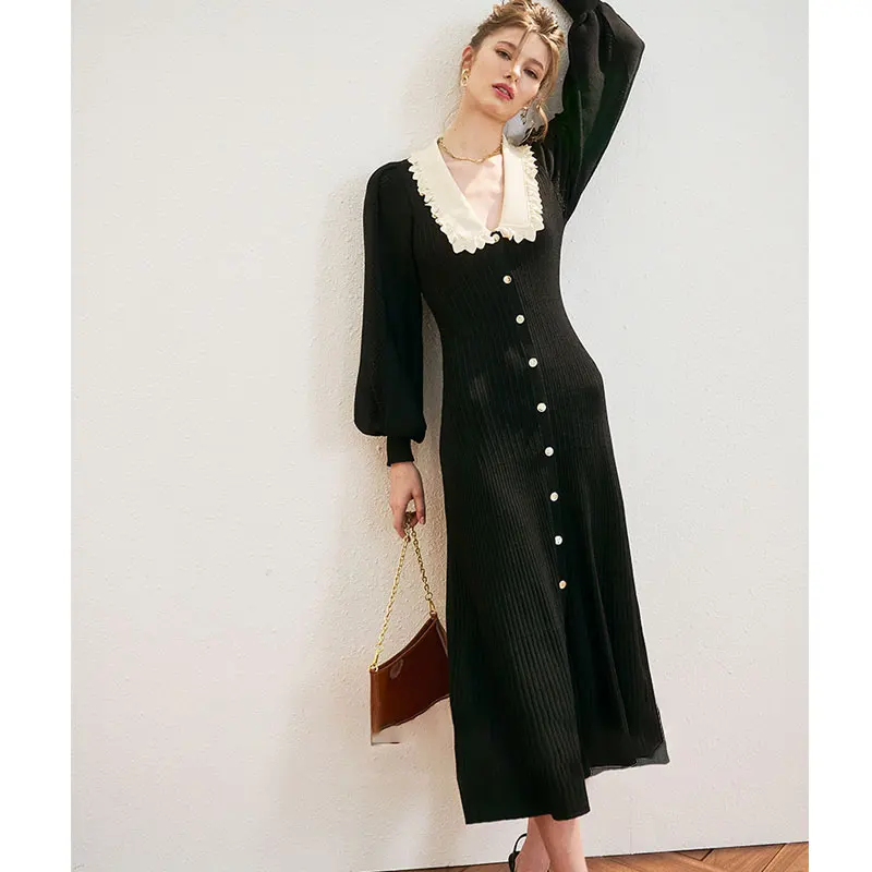 Vintage Knitted Long Sleeve Dresses Korean Elegant Fall Winter Sweet Peter Pan Collar A Line Woman Button Black Midi Dress Chic