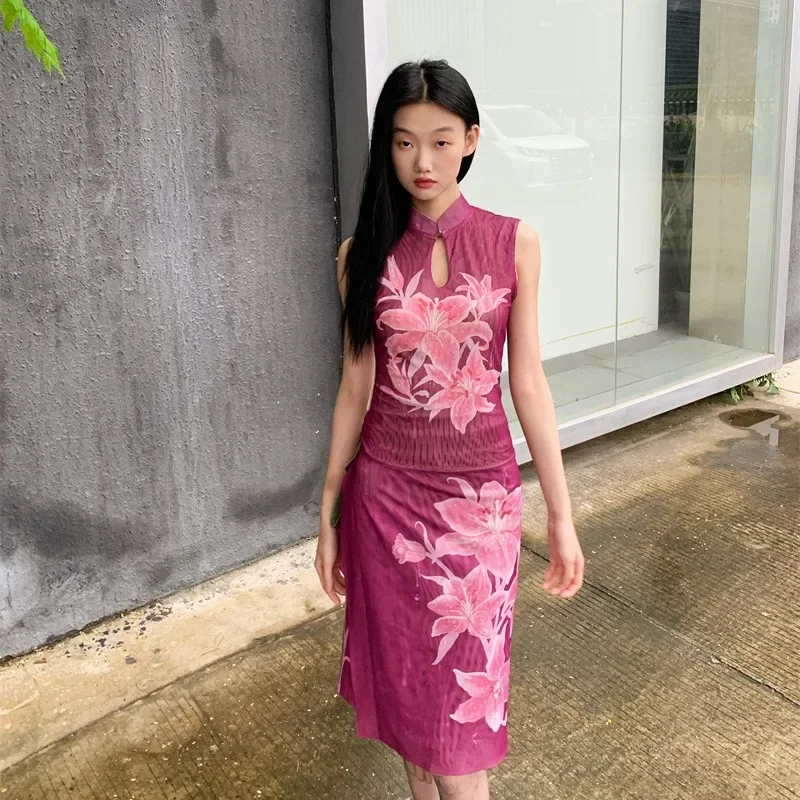 

New Chinese Style Lily Flower Cheongsam Set For Women'S Summer Retro Elegant Top Paired With Double Sided Design One Piece Skirt