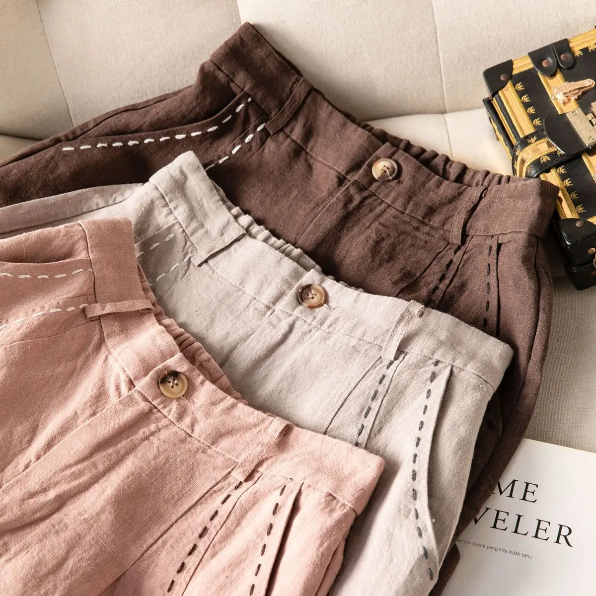 Dave&di Retro Handmade Contrasting Embroidery With Open Thread Loose Artistic Curved Knife Pants Women's Pants And Trousers