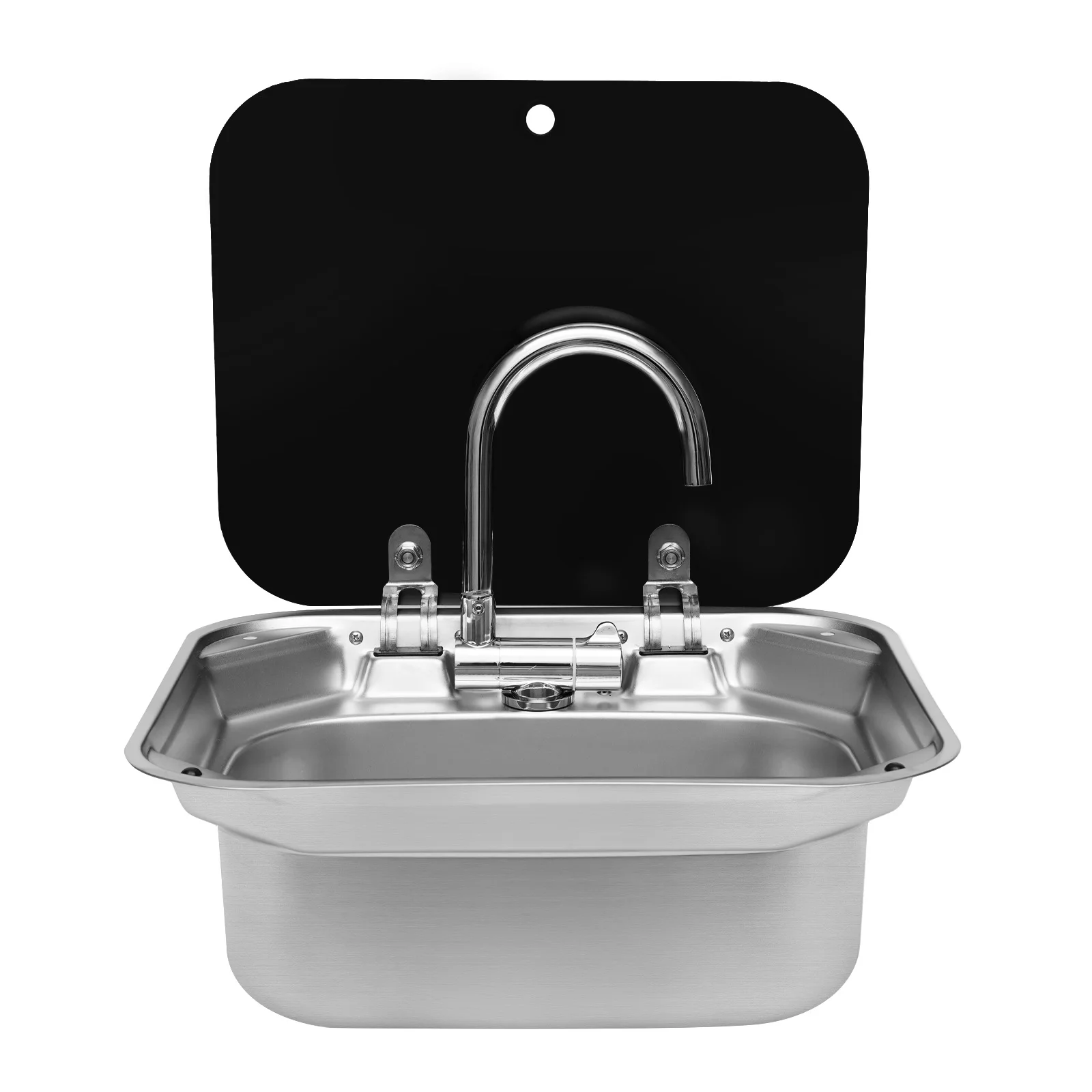 

RV Caravan or Boat Stainless Steel Hand Wash Basin Sink with Folded Faucet Tempered Glass Lid Sink with tap EVA Silent Pad
