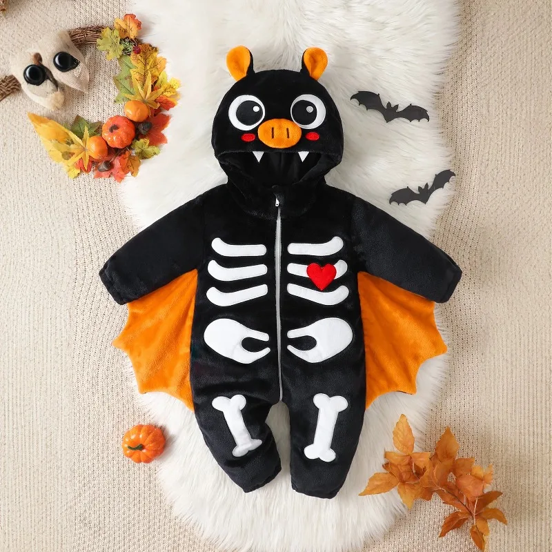 Halloween Skeleton Bat Baby Romper Orange Wings White Bones Red Heart Hooded Fleece Jumpsuit Infant Toddler Costume Outfit