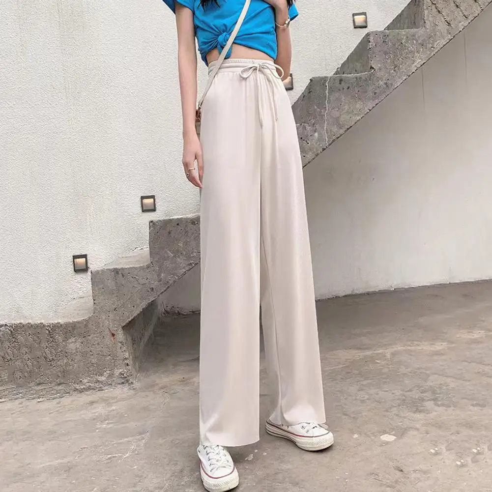 Ice injCasual-Pantalon d'été à jambes larges pour femmes, cordon de serrage à la taille, couleur unie, style streetwear