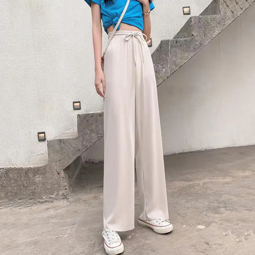 Ice Silk Casual Trousers Elastic Drawstring Waist Women's Summer Pants Solid Color Straight Wide Leg Trousers for Streetwear