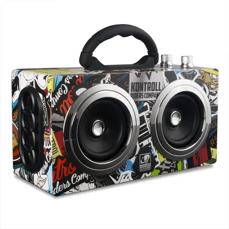 Altoparlante portatile portatile senza fili Bluetooth da esterno retrò in legno Subwoofer Graffiti con scheda Tf/riproduzione USB/Radio FM