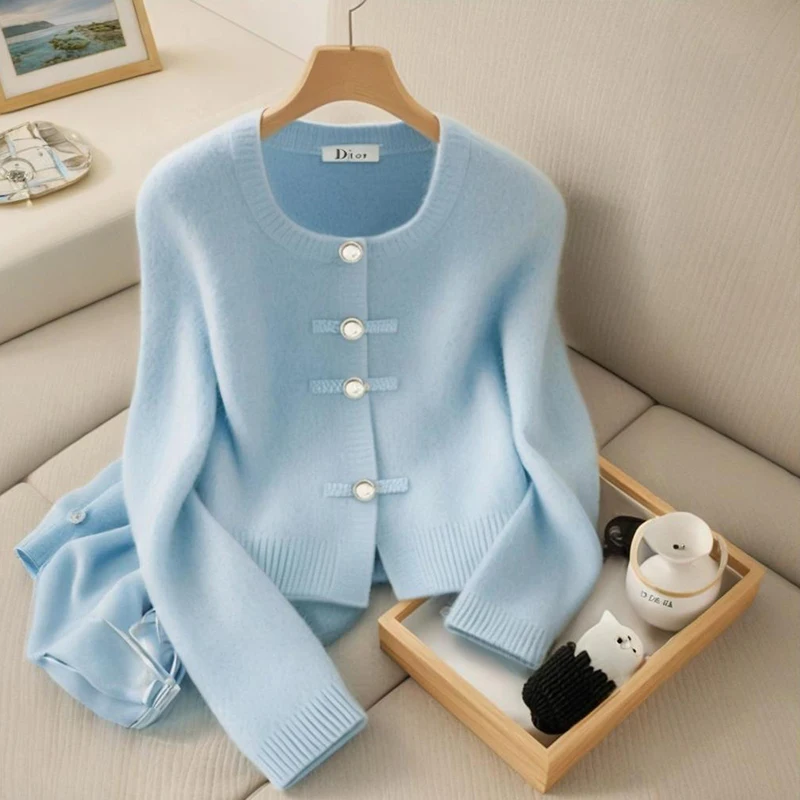 High End Sky Blue Wool Sweater Women Autumn Winter Pearl Button Loose Knit Cardigan Lazy Style O-Neck Cashmere Knitwear New 087H