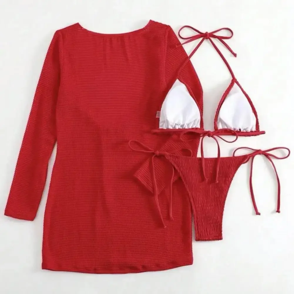 Pour les femmes 2025 3 pièces/ensemble Sexy femmes Bikini ensemble licou sans soutien en acier soutien-gorge à lacets slips ensemble avec robe de couverture maillot de bain d'été