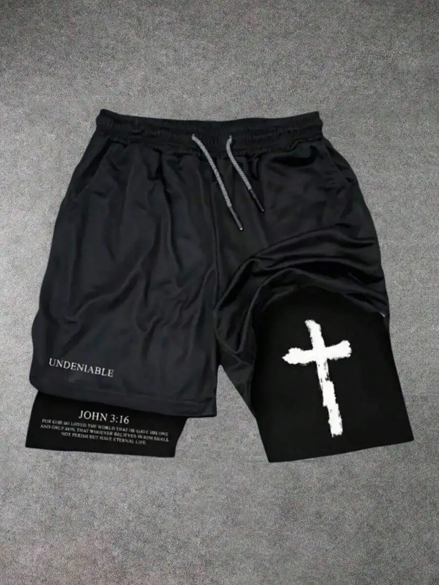 Mens Streetwear Cross Print Drawstring Shorts 2-In-1 Athletic Shorts For Gym Basketball Beach