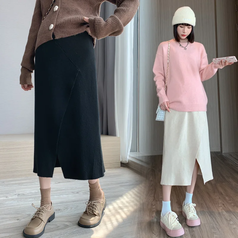 

Winter Pregnant Women Knitting Skirts Solid Color Slim Hip Abdomen Skirt Front Split Ankle-length Maternity Skirts Irregular