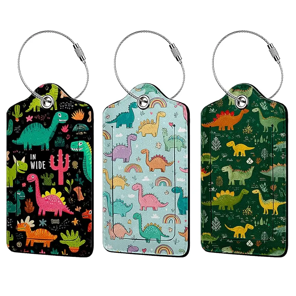 

Милые мультяшные бирки для багажа с динозаврами, набор из 3 штук, для путешествий и круизов, идентификационные бирки для чемоданов с защитной крышкой, Ba