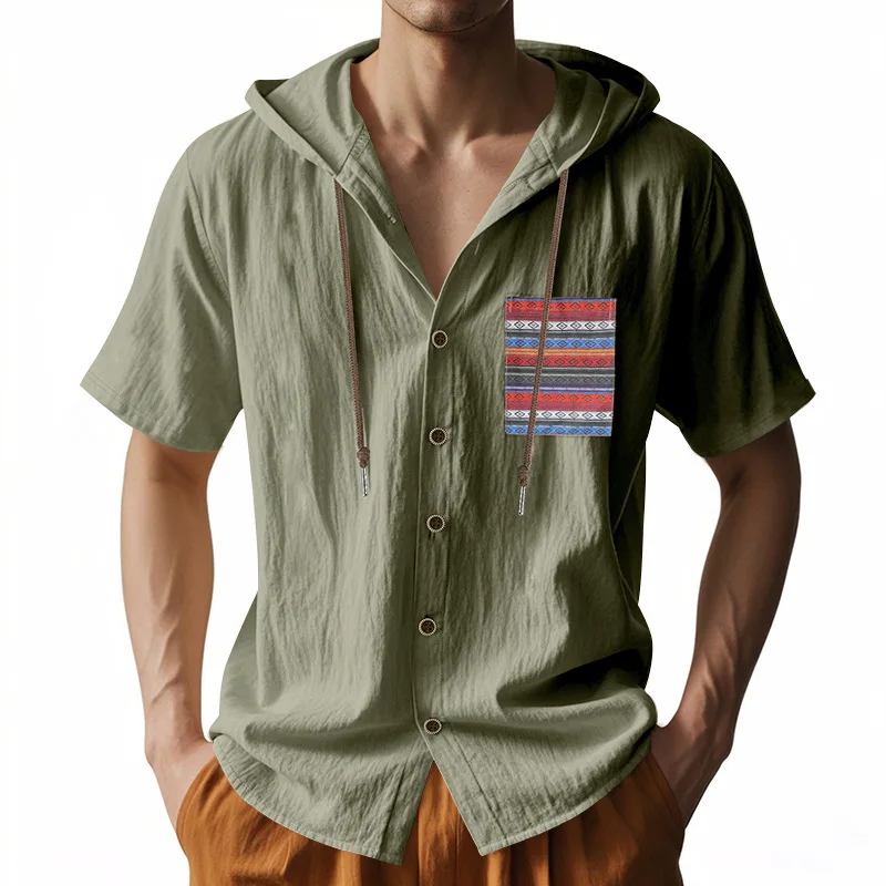2025 Summer New Men's Shirt Hawaiian Style Chest Bag Thin Breathable Linen Loose and Hooded Cardigan Short Sleeve Shirt Men