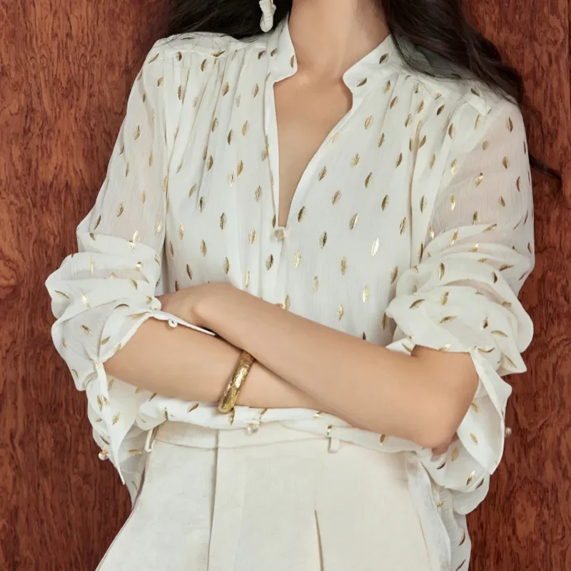 SALIENCY Spring Summer Gold Foil Chiffon Leaf Pattern Custom Glass Button Stand Collar Loose Shirt for Women Elegant Tops