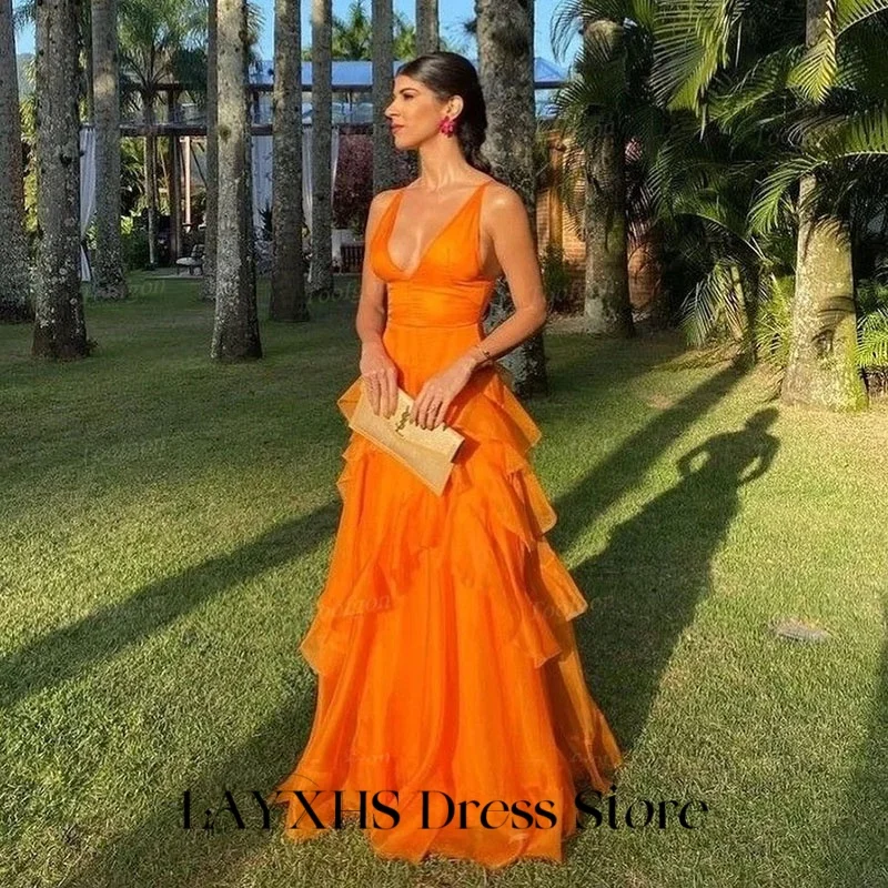 

LAYXHS Sexy Evening Dresses V-Neck A Line Tulle Tiered Ruffle Prom Dresses Customized robes de soirée