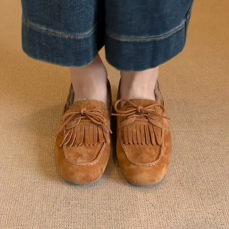 Suede Loafers Shoes Fur Flats Boots Woman 2025 Trend Winter Fashion Designer New Walking Cozy Casual Warm Casual Footwear