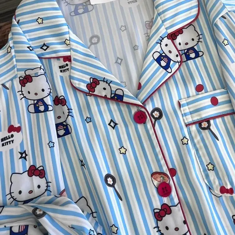 Hello Kitty Kawaii Anime Cartoon Spring Autumn Checkered Long Sleeve Pants Sweet Sanrio Cute Striped Nightwear Girl Home Clothes