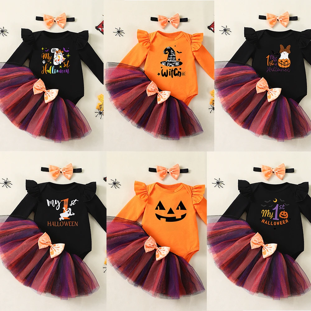 

3PCS Toddler Romper Set for Baby Girl Fancy Halloween Witch Costume Tutu Dress Long Sleeve Printed Shirt Infant Clothes 0-1Y