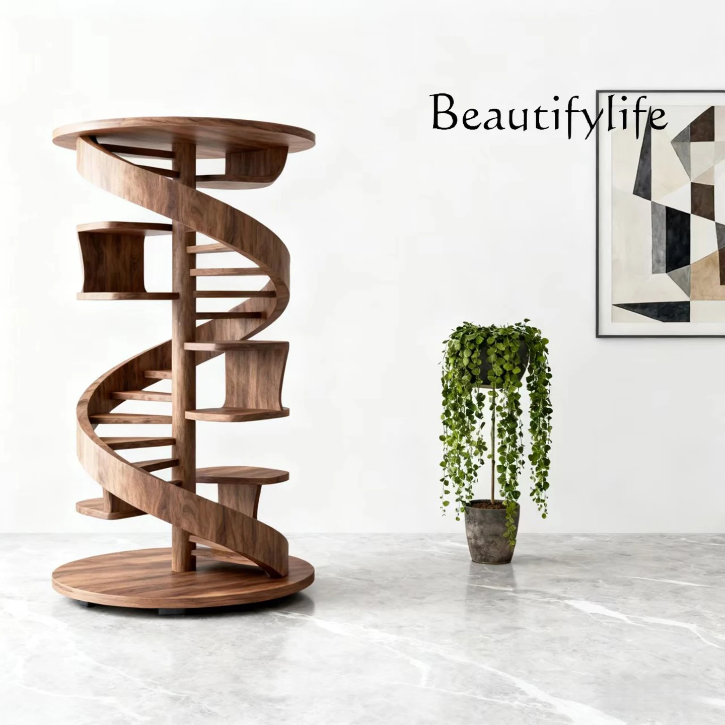 

New Chinese spiral bookshelf Song aesthetic rotating bookshelf living room wall solid wood shelf