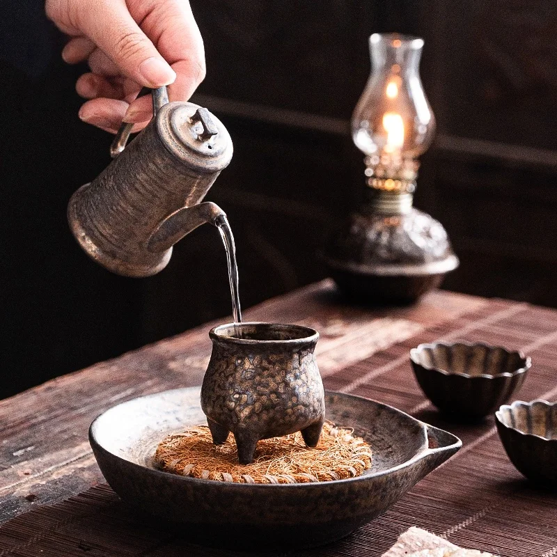 

Чайник из грубой глины в стиле ретро, с черно-золотой глазурью, для чайной церемонии, для заваривания чая, одиночный.