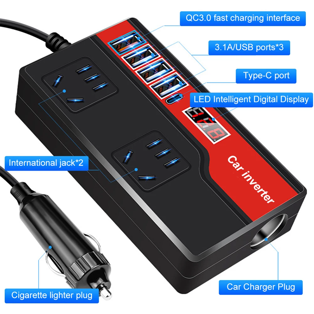 Black White Abs Car Power Inverter DC 12V/24V To AC 220V Auto Power Converter 2000W 4USB 3.0 Direct Replacement Car Accessories