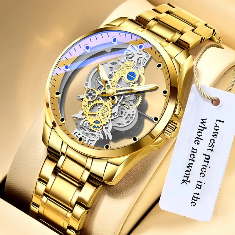 Gold Luxury Watch Men Hollow Creative Leather Man Wristwatch Waterproof Sliver Business Stainless Steel Bracelet Erkek Kol Saati