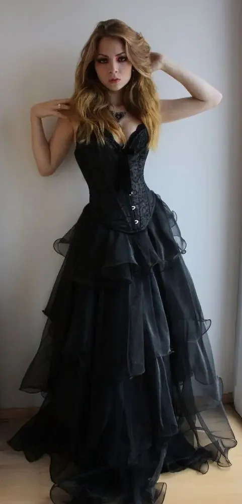 Corset Black Prom Dresses For Women Tiered Strapless Long Gothic Wedding Dress Sweetheart Neck Customized