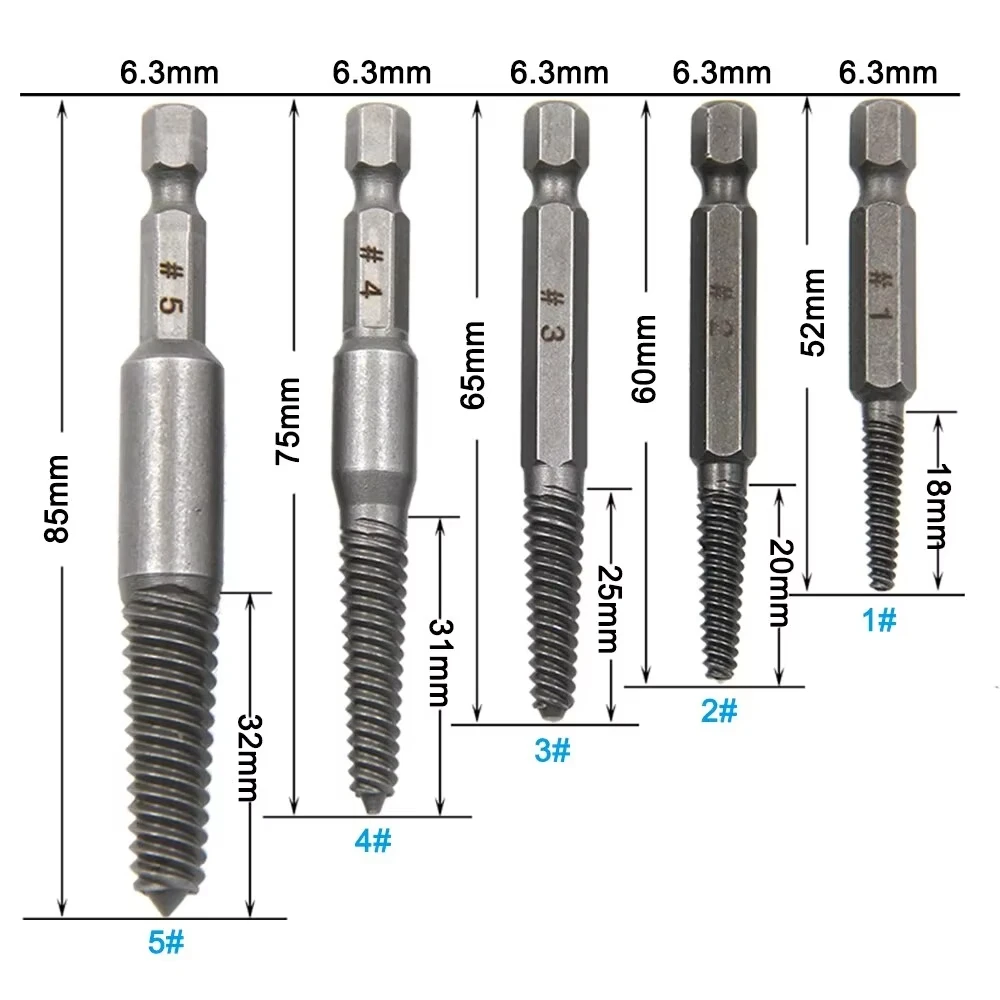 6PC Hexagonal Handle Broken Head Screw Extractor Set 60mm Quick Release Electric Black Hex Thread Removal Tool Kit